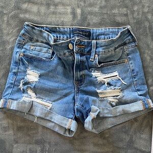 Aeropostale Women's Distressed Low Rise Midi Jean Shorts - Medium Blue